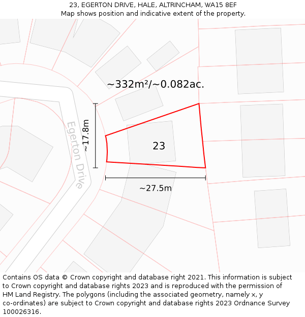 23, EGERTON DRIVE, HALE, ALTRINCHAM, WA15 8EF: Plot and title map