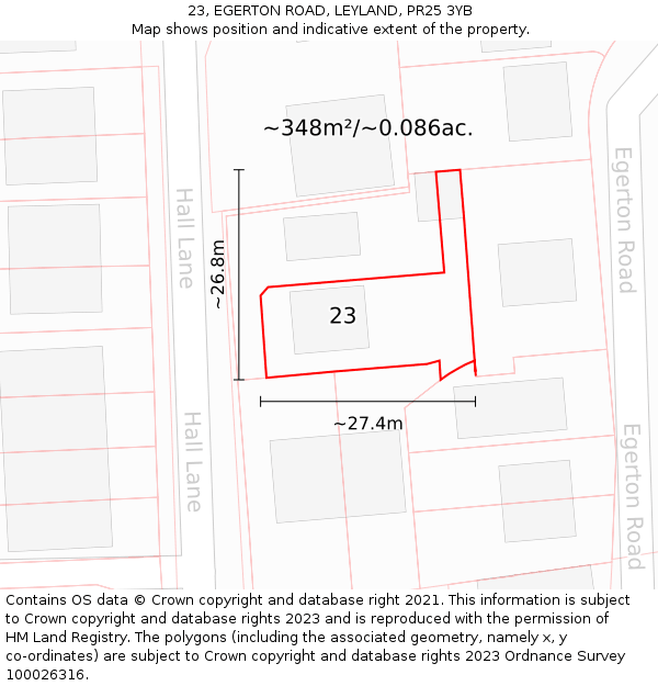 23, EGERTON ROAD, LEYLAND, PR25 3YB: Plot and title map