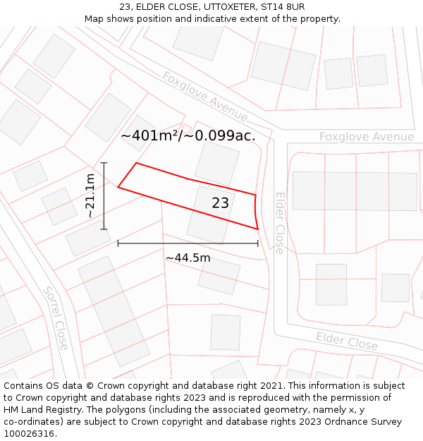 23, ELDER CLOSE, UTTOXETER, ST14 8UR: Plot and title map