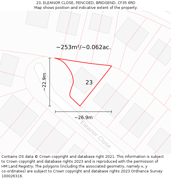 23, ELEANOR CLOSE, PENCOED, BRIDGEND, CF35 6RD: Plot and title map