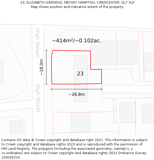 23, ELIZABETH GARDENS, MEYSEY HAMPTON, CIRENCESTER, GL7 5LP: Plot and title map