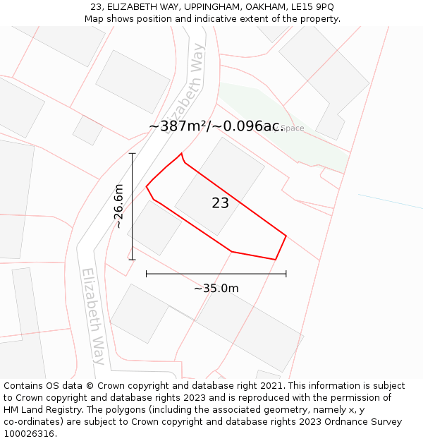 23, ELIZABETH WAY, UPPINGHAM, OAKHAM, LE15 9PQ: Plot and title map