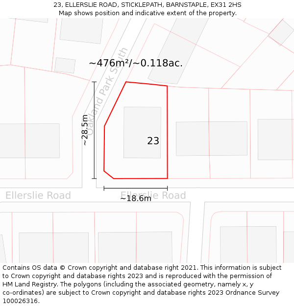 23, ELLERSLIE ROAD, STICKLEPATH, BARNSTAPLE, EX31 2HS: Plot and title map