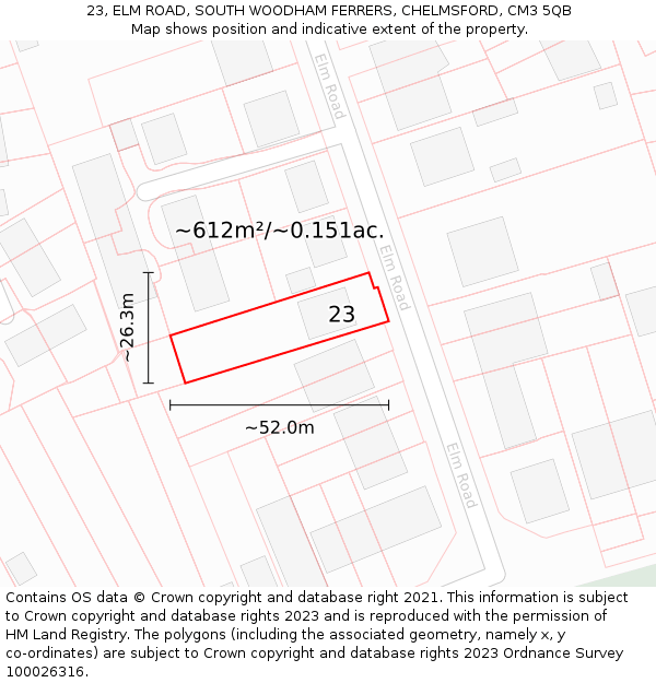 23, ELM ROAD, SOUTH WOODHAM FERRERS, CHELMSFORD, CM3 5QB: Plot and title map