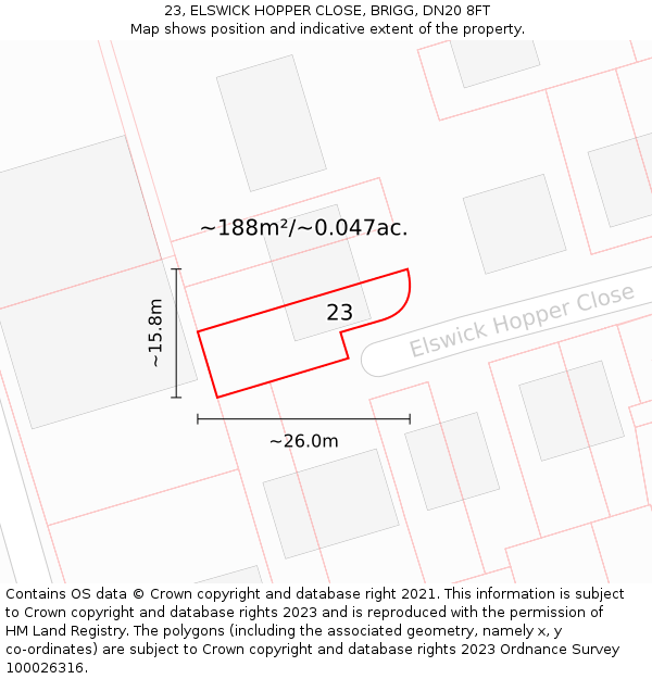 23, ELSWICK HOPPER CLOSE, BRIGG, DN20 8FT: Plot and title map