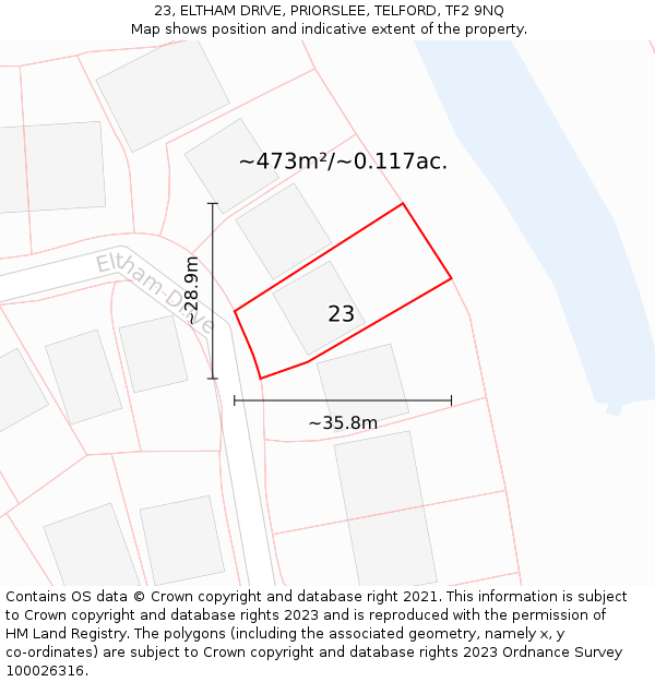 23, ELTHAM DRIVE, PRIORSLEE, TELFORD, TF2 9NQ: Plot and title map