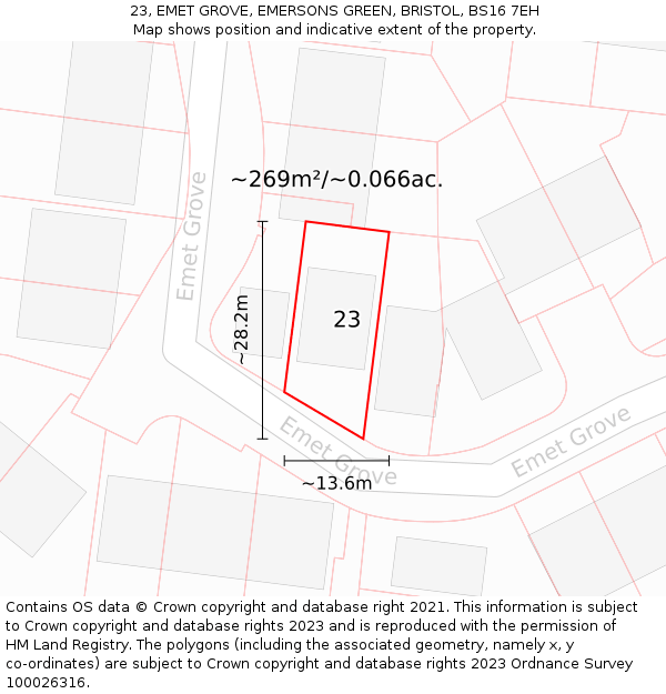 23, EMET GROVE, EMERSONS GREEN, BRISTOL, BS16 7EH: Plot and title map