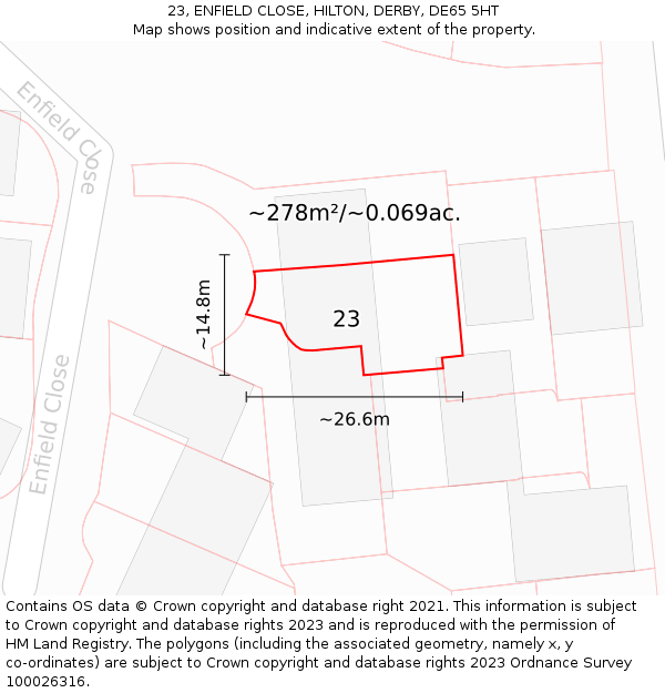 23, ENFIELD CLOSE, HILTON, DERBY, DE65 5HT: Plot and title map