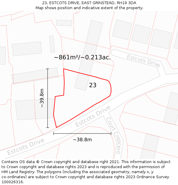 23, ESTCOTS DRIVE, EAST GRINSTEAD, RH19 3DA: Plot and title map