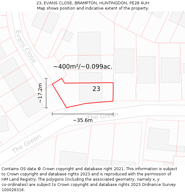 23, EVANS CLOSE, BRAMPTON, HUNTINGDON, PE28 4UH: Plot and title map