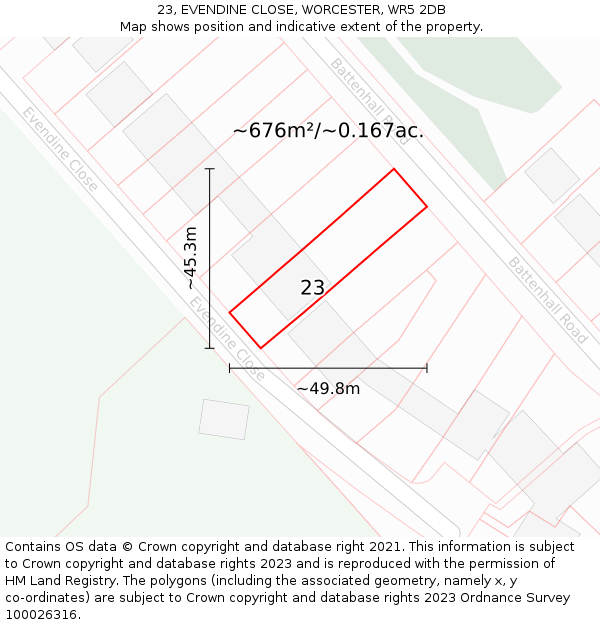 23, EVENDINE CLOSE, WORCESTER, WR5 2DB: Plot and title map
