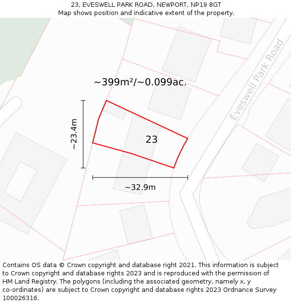 23, EVESWELL PARK ROAD, NEWPORT, NP19 8GT: Plot and title map