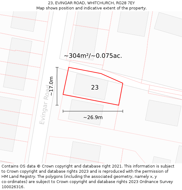 23, EVINGAR ROAD, WHITCHURCH, RG28 7EY: Plot and title map