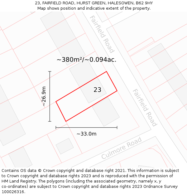 23, FAIRFIELD ROAD, HURST GREEN, HALESOWEN, B62 9HY: Plot and title map