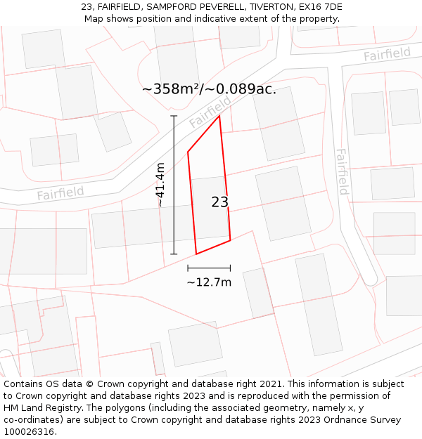 23, FAIRFIELD, SAMPFORD PEVERELL, TIVERTON, EX16 7DE: Plot and title map