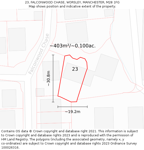 23, FALCONWOOD CHASE, WORSLEY, MANCHESTER, M28 1FG: Plot and title map