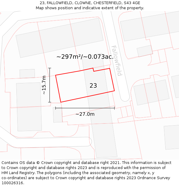 23, FALLOWFIELD, CLOWNE, CHESTERFIELD, S43 4GE: Plot and title map