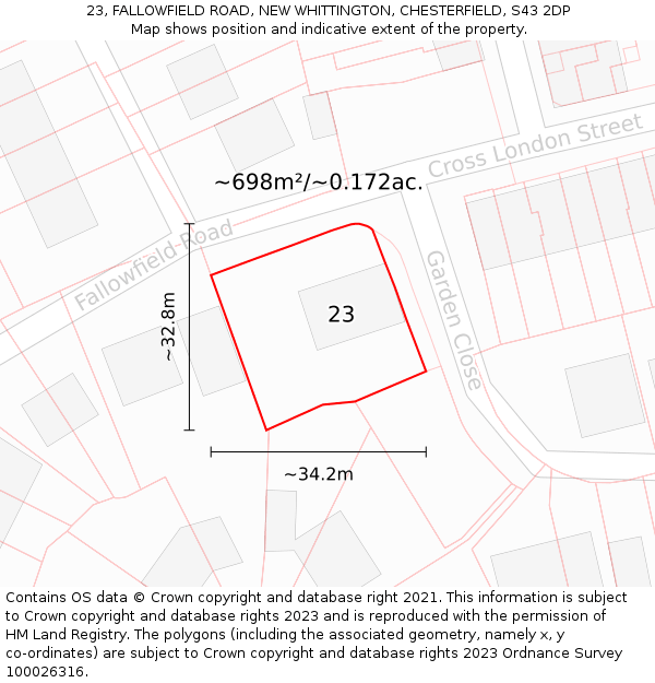 23, FALLOWFIELD ROAD, NEW WHITTINGTON, CHESTERFIELD, S43 2DP: Plot and title map