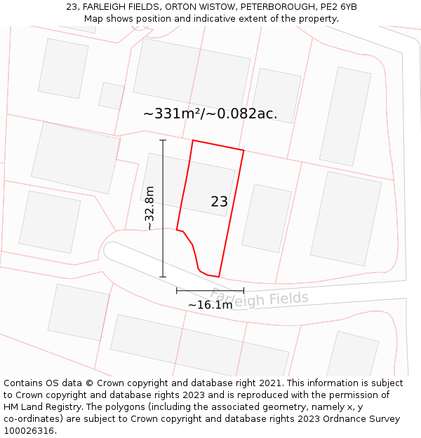 23, FARLEIGH FIELDS, ORTON WISTOW, PETERBOROUGH, PE2 6YB: Plot and title map