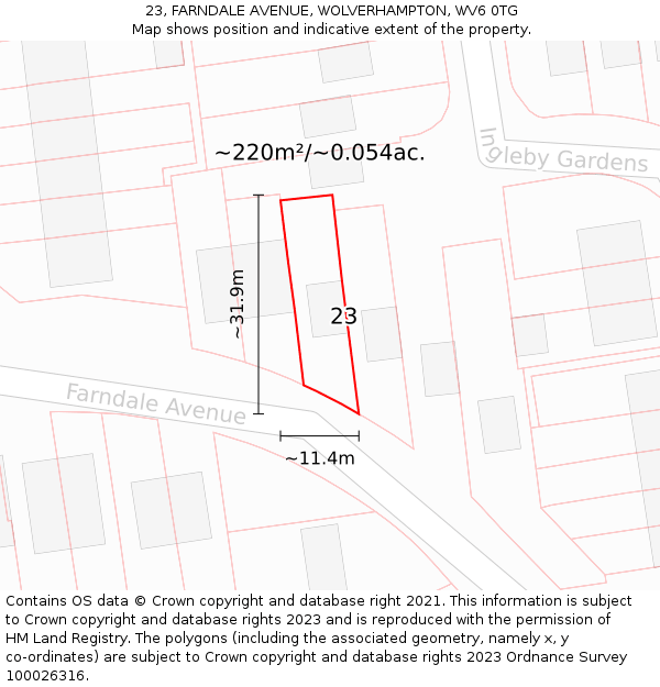 23, FARNDALE AVENUE, WOLVERHAMPTON, WV6 0TG: Plot and title map