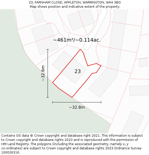 23, FARNHAM CLOSE, APPLETON, WARRINGTON, WA4 3BG: Plot and title map