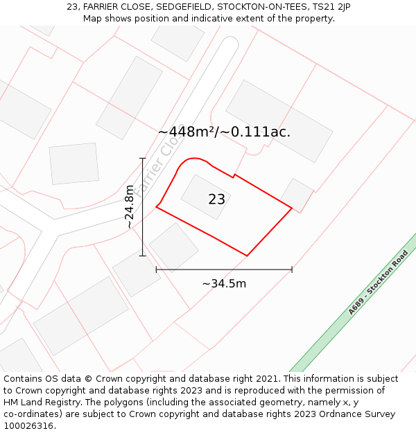 23, FARRIER CLOSE, SEDGEFIELD, STOCKTON-ON-TEES, TS21 2JP: Plot and title map