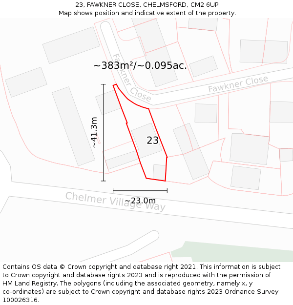 23, FAWKNER CLOSE, CHELMSFORD, CM2 6UP: Plot and title map
