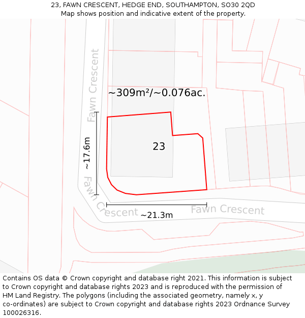 23, FAWN CRESCENT, HEDGE END, SOUTHAMPTON, SO30 2QD: Plot and title map