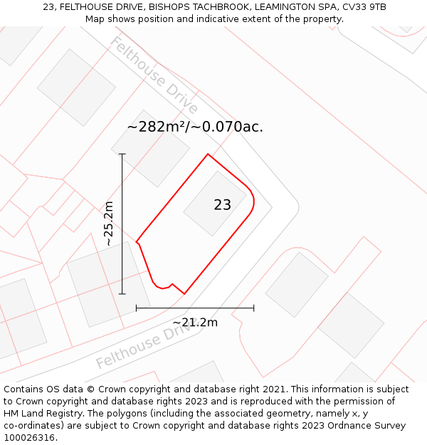 23, FELTHOUSE DRIVE, BISHOPS TACHBROOK, LEAMINGTON SPA, CV33 9TB: Plot and title map