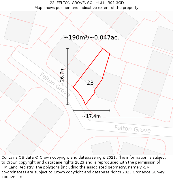 23, FELTON GROVE, SOLIHULL, B91 3GD: Plot and title map
