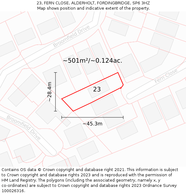 23, FERN CLOSE, ALDERHOLT, FORDINGBRIDGE, SP6 3HZ: Plot and title map