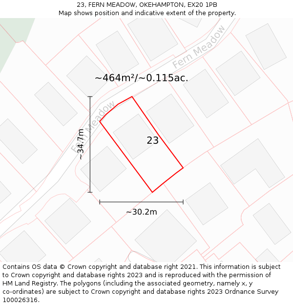 23, FERN MEADOW, OKEHAMPTON, EX20 1PB: Plot and title map