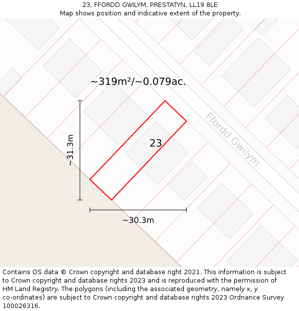 23, FFORDD GWILYM, PRESTATYN, LL19 8LE: Plot and title map