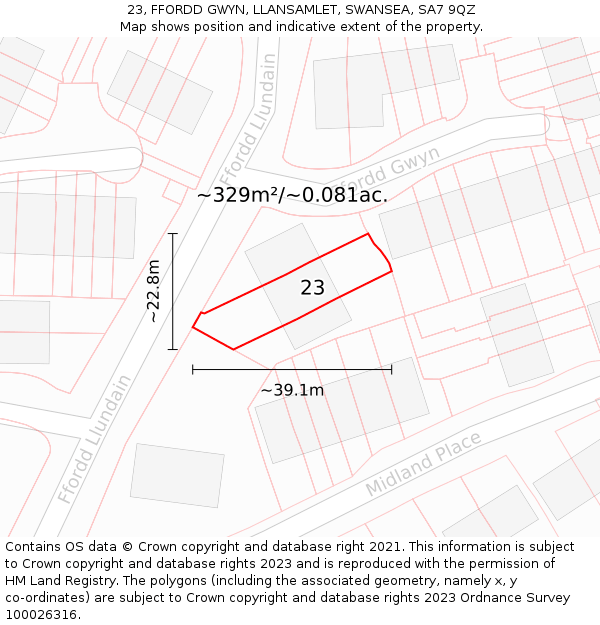 23, FFORDD GWYN, LLANSAMLET, SWANSEA, SA7 9QZ: Plot and title map