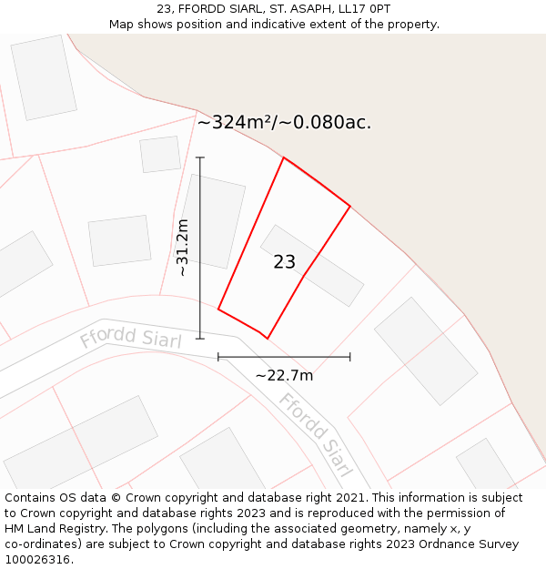 23, FFORDD SIARL, ST. ASAPH, LL17 0PT: Plot and title map