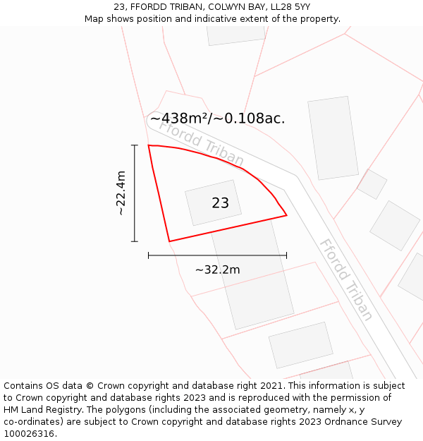 23, FFORDD TRIBAN, COLWYN BAY, LL28 5YY: Plot and title map