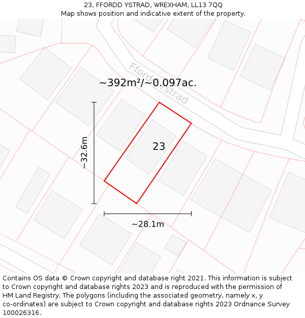 23, FFORDD YSTRAD, WREXHAM, LL13 7QQ: Plot and title map