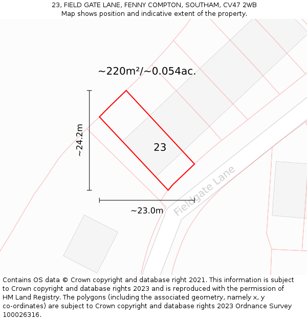 23, FIELD GATE LANE, FENNY COMPTON, SOUTHAM, CV47 2WB: Plot and title map