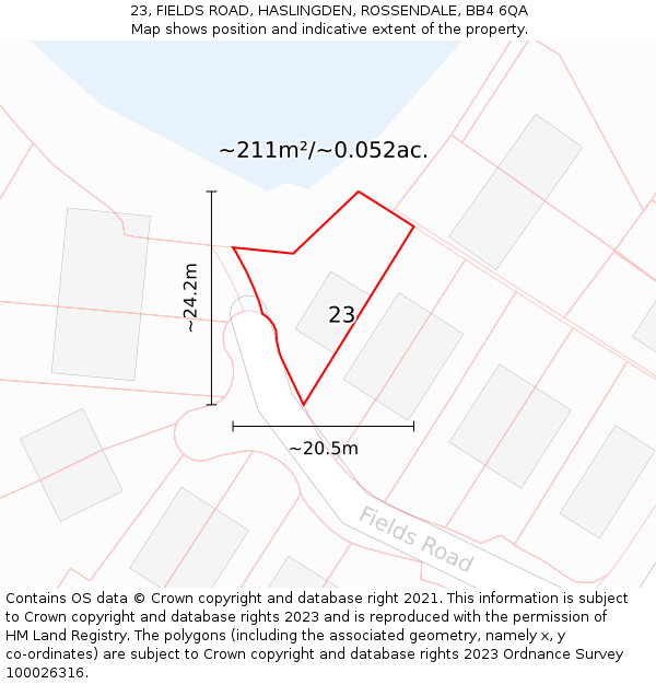 23, FIELDS ROAD, HASLINGDEN, ROSSENDALE, BB4 6QA: Plot and title map