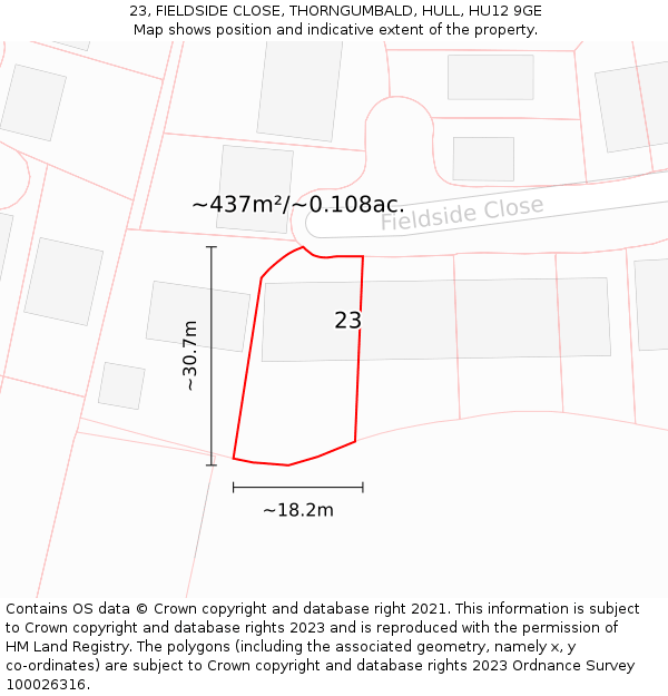 23, FIELDSIDE CLOSE, THORNGUMBALD, HULL, HU12 9GE: Plot and title map