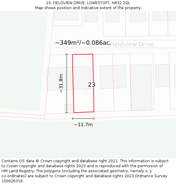 23, FIELDVIEW DRIVE, LOWESTOFT, NR32 2QL: Plot and title map