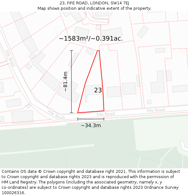 23, FIFE ROAD, LONDON, SW14 7EJ: Plot and title map