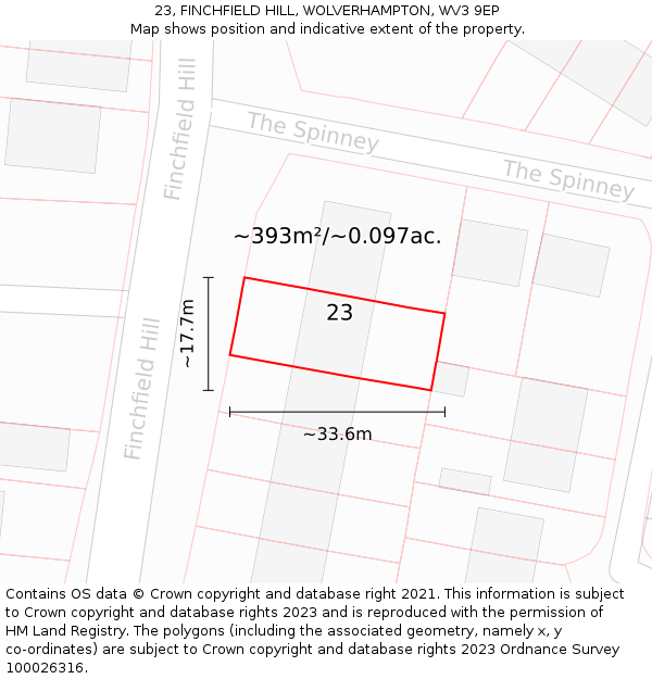 23, FINCHFIELD HILL, WOLVERHAMPTON, WV3 9EP: Plot and title map
