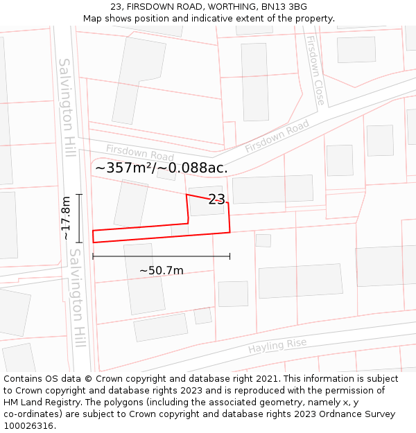 23, FIRSDOWN ROAD, WORTHING, BN13 3BG: Plot and title map