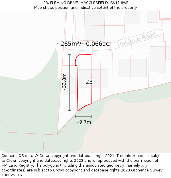 23, FLEMING DRIVE, MACCLESFIELD, SK11 8WF: Plot and title map