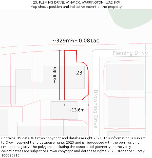 23, FLEMING DRIVE, WINWICK, WARRINGTON, WA2 8XP: Plot and title map