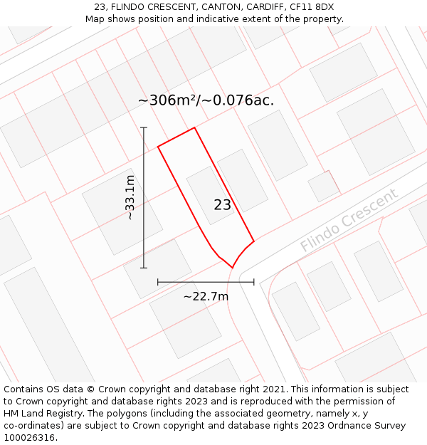 23, FLINDO CRESCENT, CANTON, CARDIFF, CF11 8DX: Plot and title map