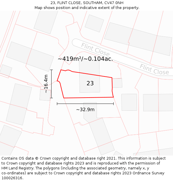 23, FLINT CLOSE, SOUTHAM, CV47 0NH: Plot and title map