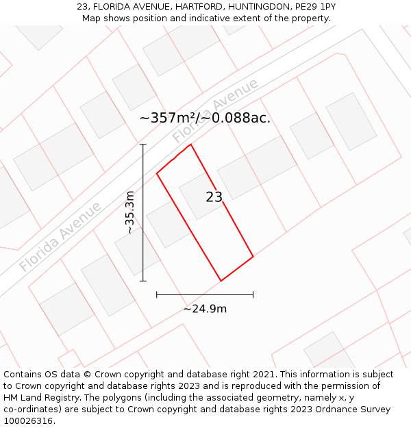 23, FLORIDA AVENUE, HARTFORD, HUNTINGDON, PE29 1PY: Plot and title map