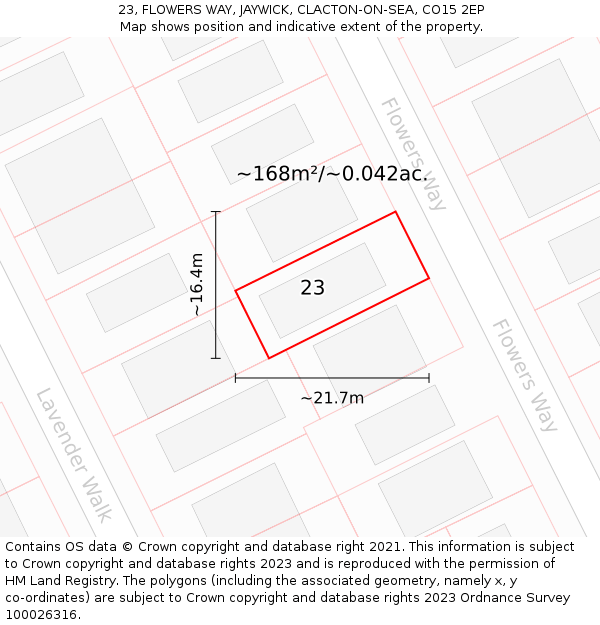 23, FLOWERS WAY, JAYWICK, CLACTON-ON-SEA, CO15 2EP: Plot and title map